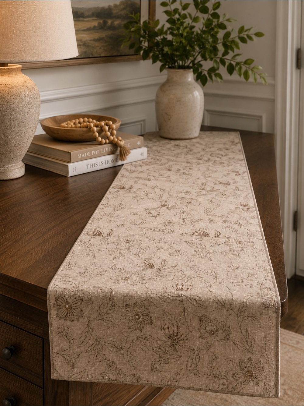 Rachel Zoe intricate botanical embroidery beige background delicate beads